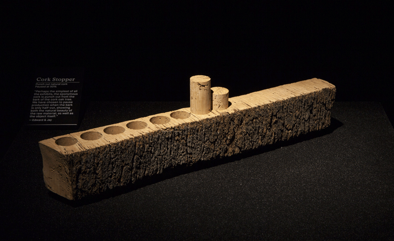 Corks are cut from strips of cork bark using a special tool.