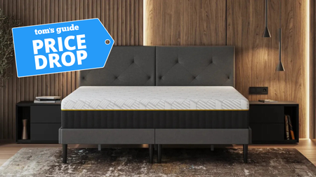 Emma Hybrid Airgrid mattress in a brightly lit bedroom with TG Price Drop badge on the top left corner
