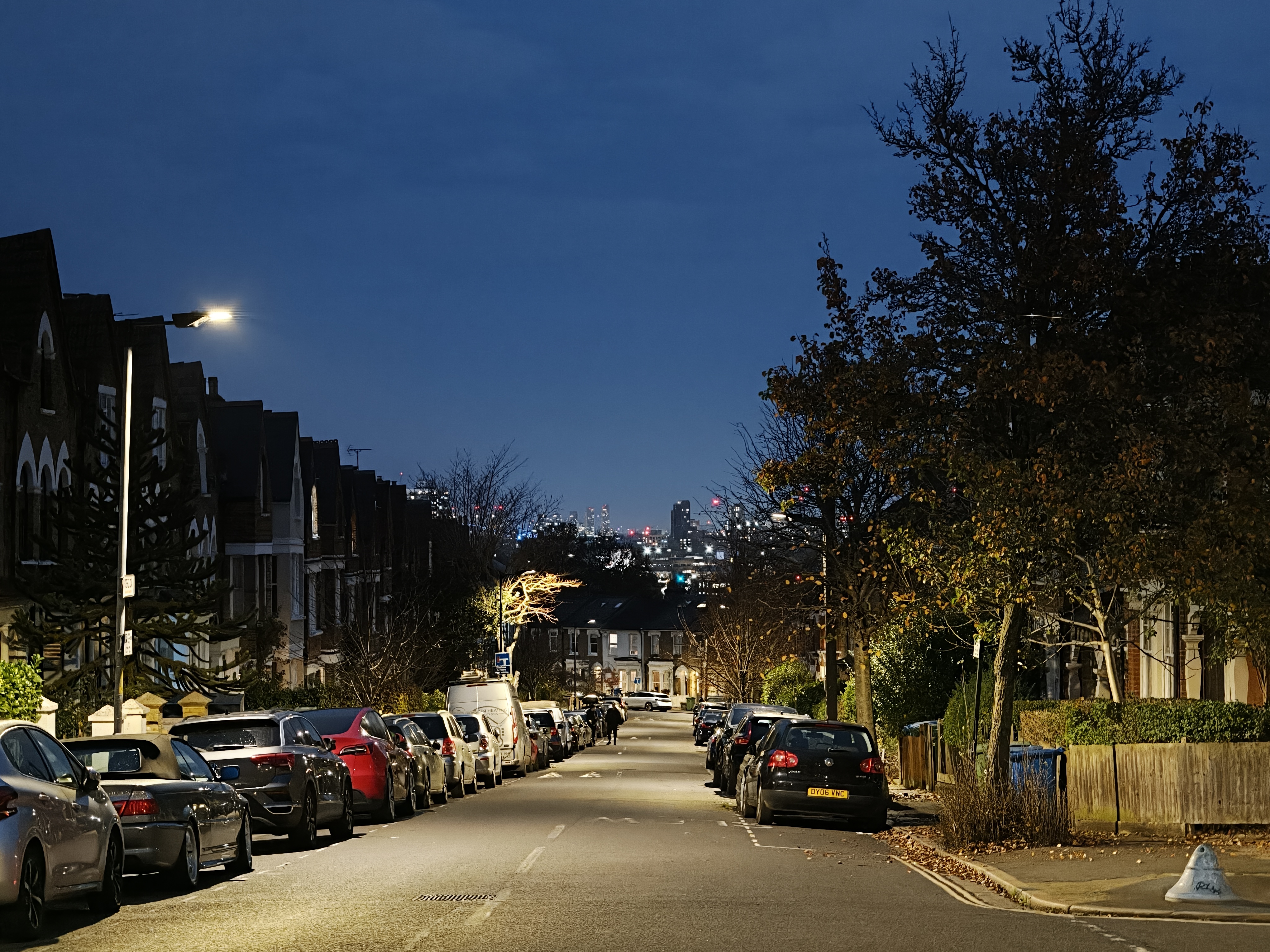 A view down a street at night