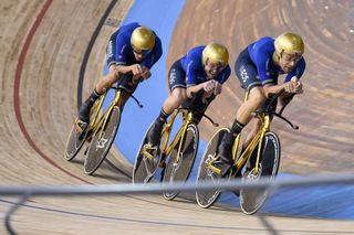 Italian teams members compete in the mens Team Pursuit qualifying during the UCI Track Cycling World Championships at JeanStablinski velodrome in Roubaix northern France on October 20 2021 Photo by FRANCOIS LO PRESTI AFP Photo by FRANCOIS LO PRESTIAFP via Getty Images