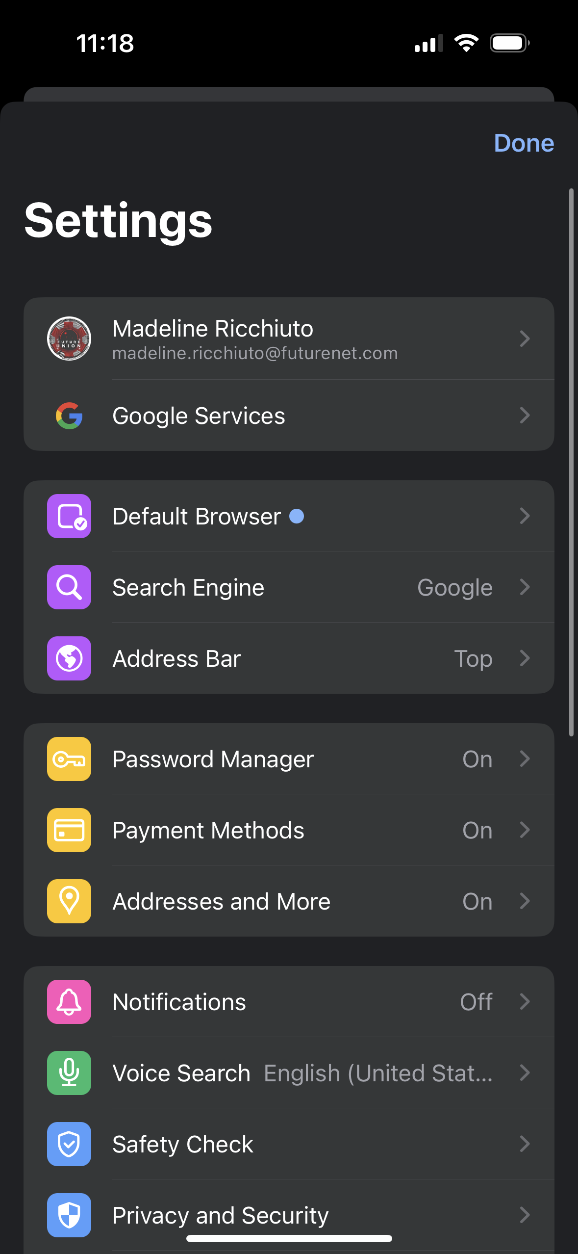 Google Chrome settings