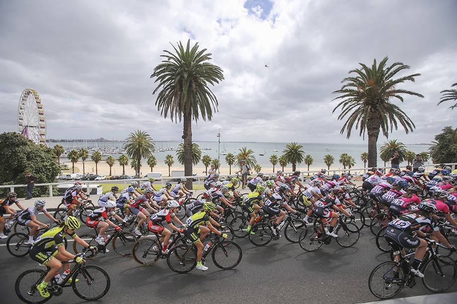 The peloton leave pretty Geelong behind.
