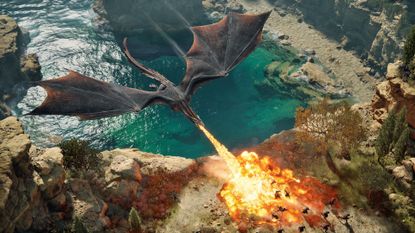 Game of Thrones: War for Westeros screenshot showing a flying dragon breathing fire at soldiers on the ground below