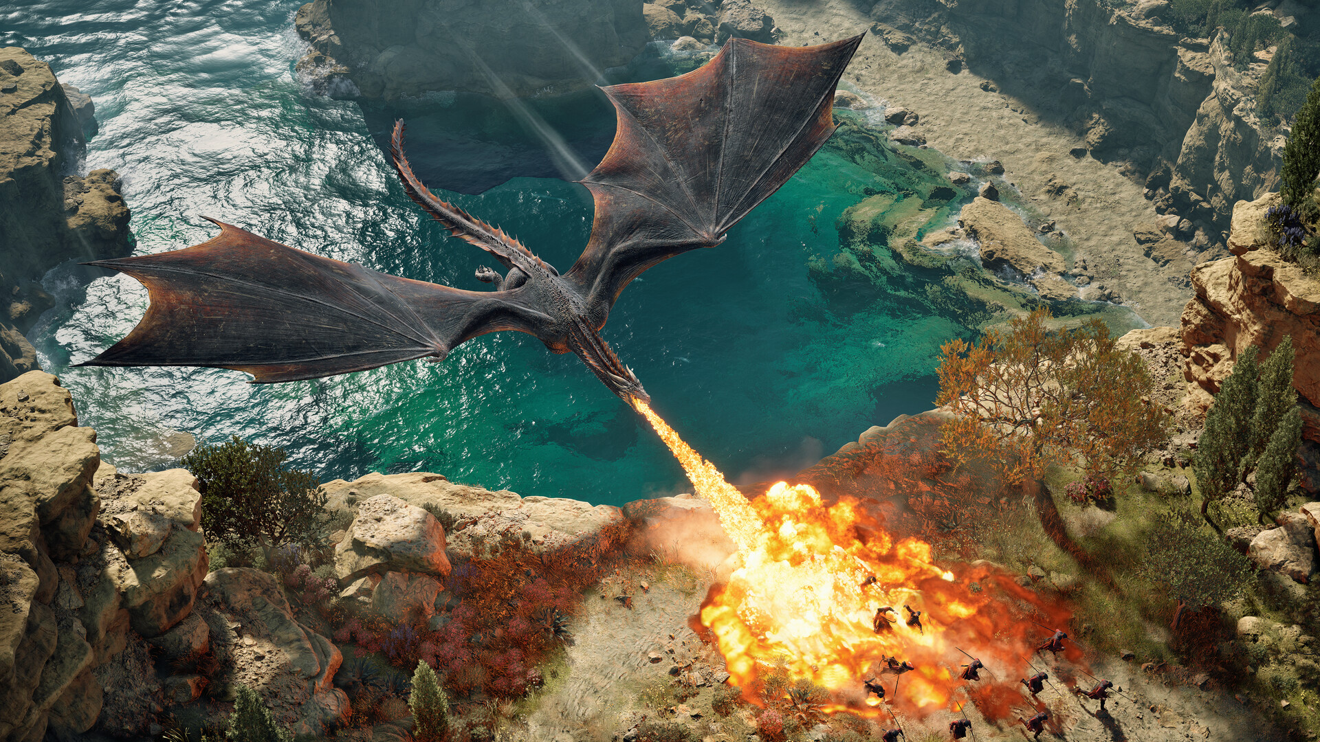 Game of Thrones: War for Westeros screenshot showing a flying dragon breathing fire at soldiers on the ground below