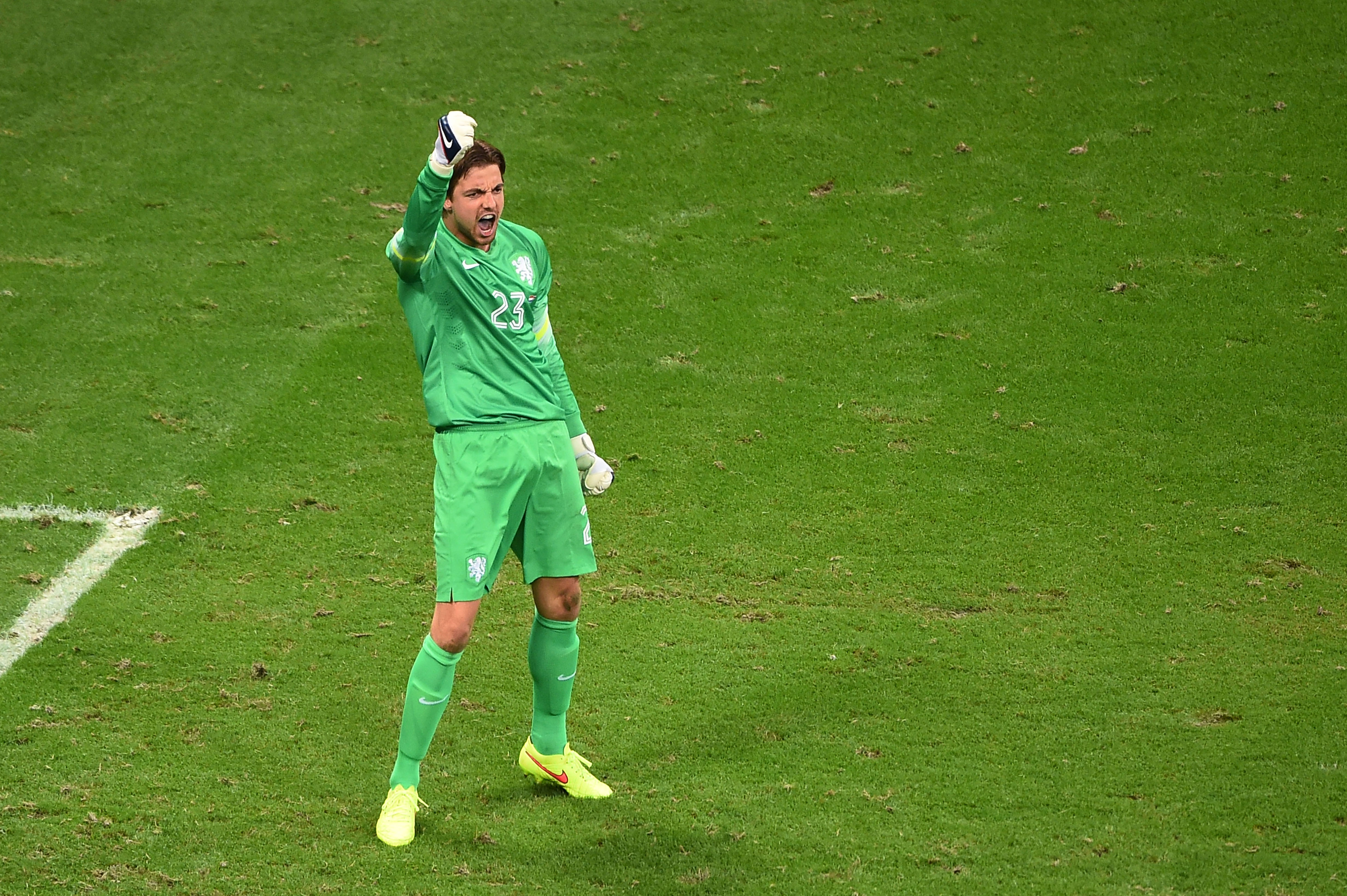 Tim Krul celebrates his penalty shootout heroics for the Netherlands against Costa Rica at the 2014 FIFA World Cup