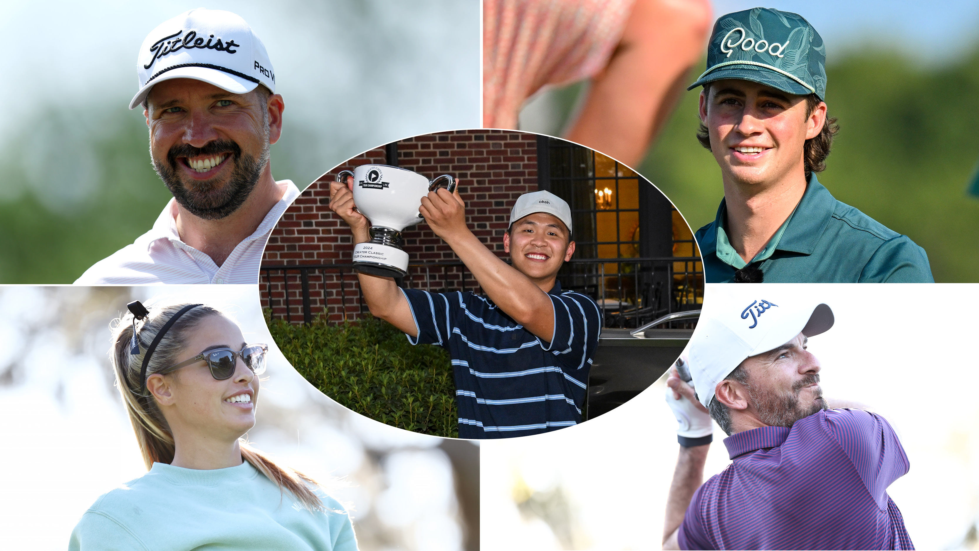 Luke Kwon holding the Creator Classic trophy, Peter Finch, Garrett Clark, Gabby Golf Girl and Chris Solomon