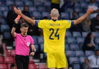Sweden's Marcus Danielson is sent off against Ukraine at Euro 2020.