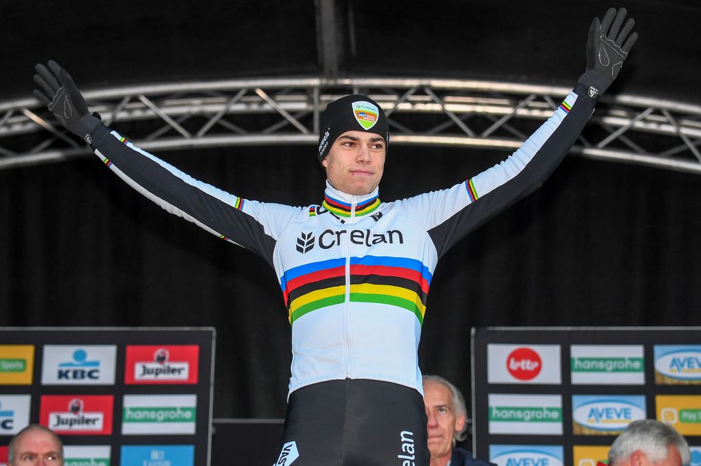 Wout Van Aert (Crelan-Vastgoedservice) on the podium as race winner