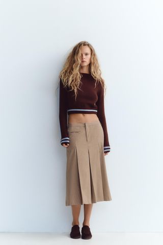 Check Box Pleat Midi Skirt