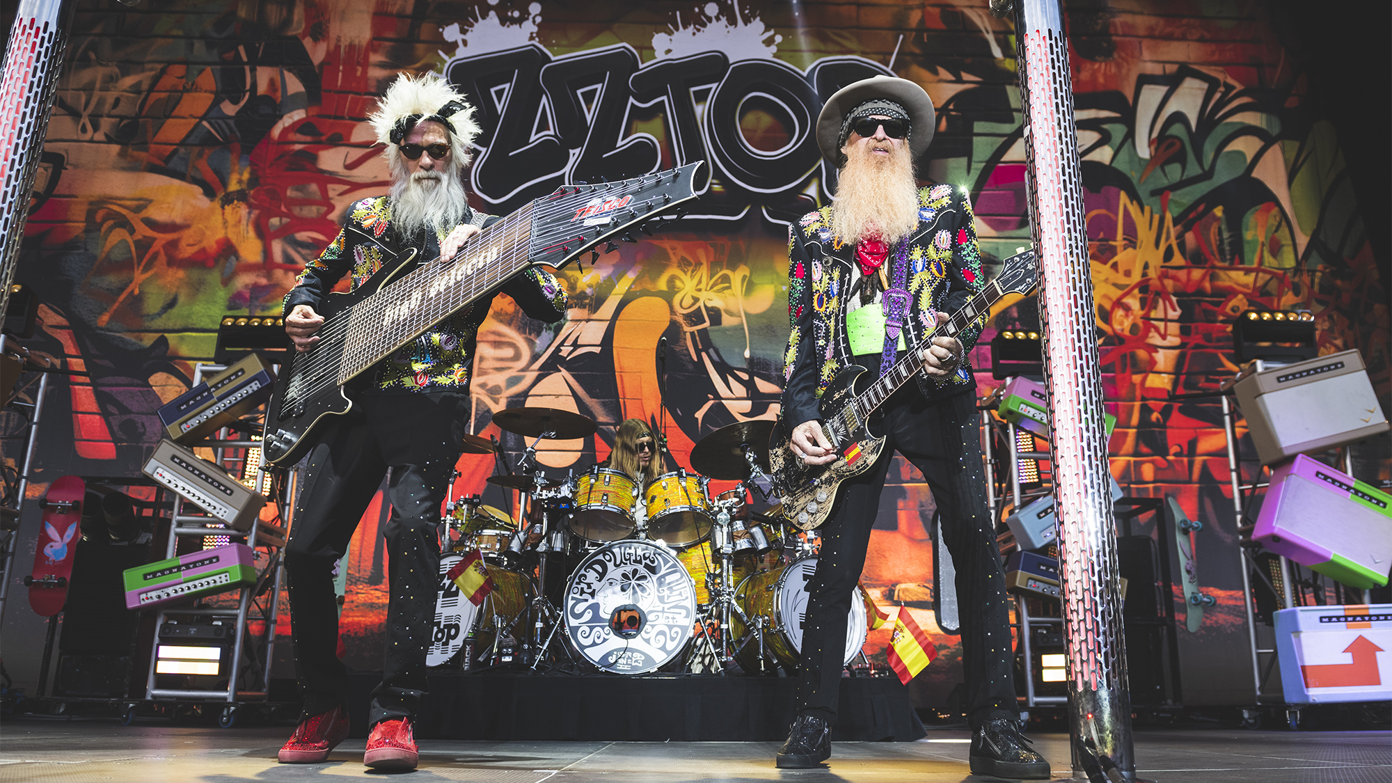 Elwood Francis and Billy Gibbons of ZZ Top perform on stage during Noches del Botanico music festival at Real Jardin Botanico Alfonso XIII on July 20, 2026 in Madrid, Spain