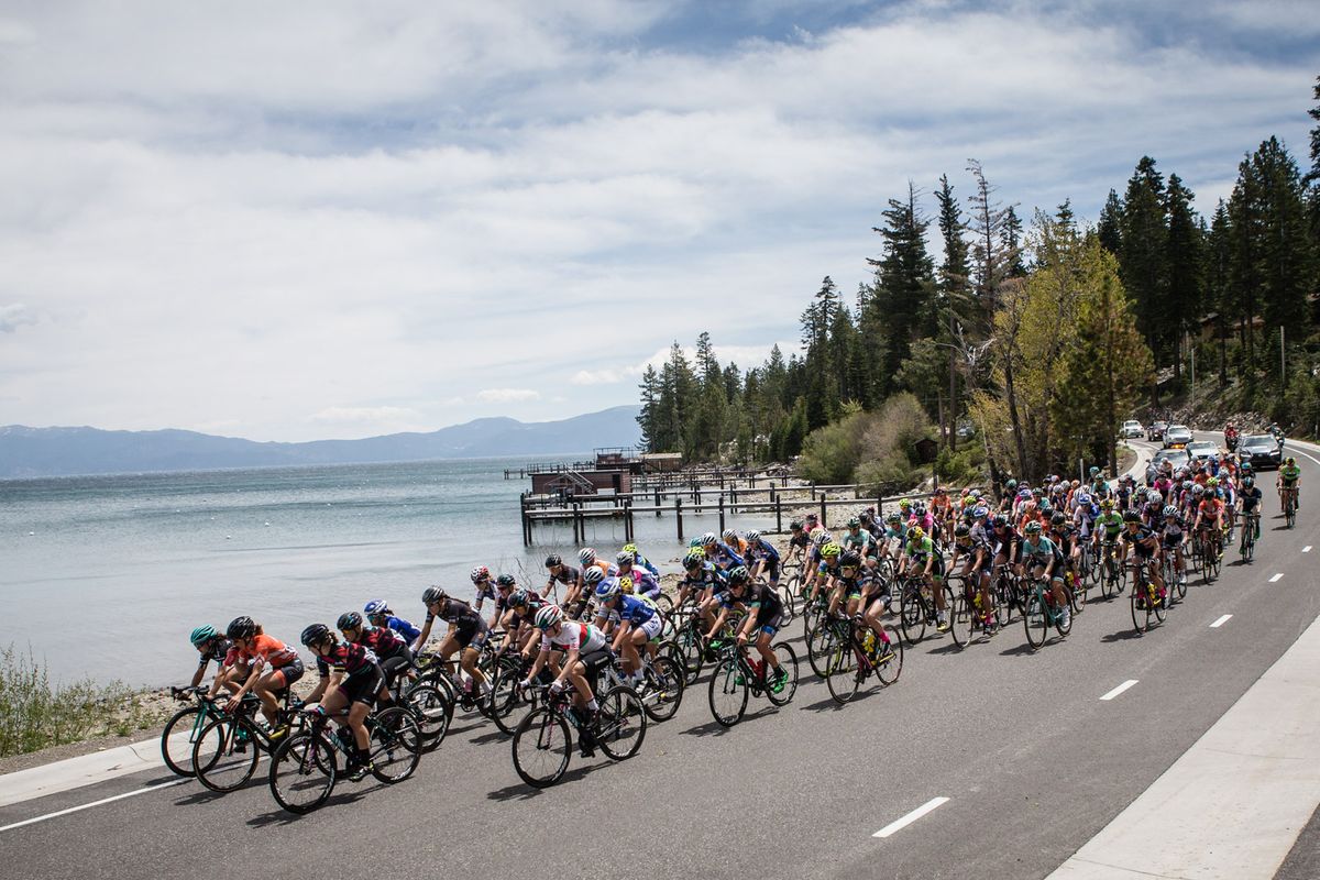 The race passes along lake Tahoe