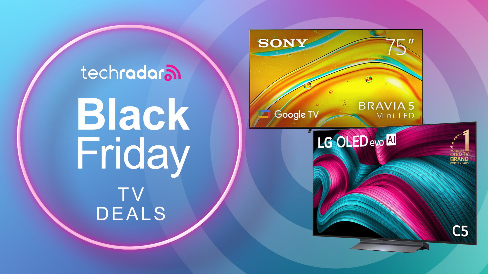 Sony and LG TVs on a blue and pink gradient background with &quot;Black Friday TV Deals&quot; text.