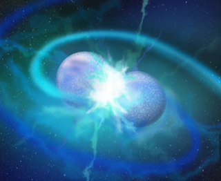 An artist's depiction of two white dwarf stars merging.
