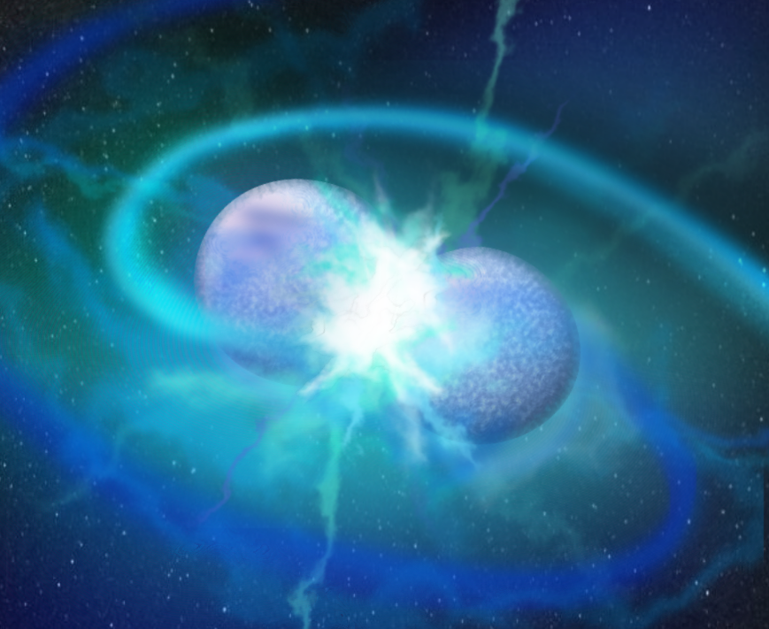 An artist&#039;s depiction of two white dwarf stars merging.