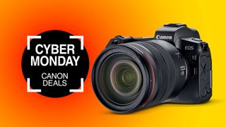 Canon EOS R camera on a sunburst background with the text "Cyber Monday Canon deals"