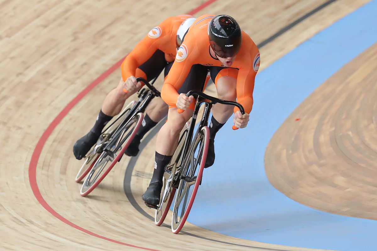 Picture by Alex Whitehead/SWpix.com - 24/10/2021 - Cycling - Tissot 2021 UCI Track Cycling World Championships - Men&acirc;s Sprint - Stab Velodrome, Roubaix, France - Harrie Lavreysen of the Netherlands and Jeffrey Hoogland of the Netherlands in action during the Men's Sprint Finals