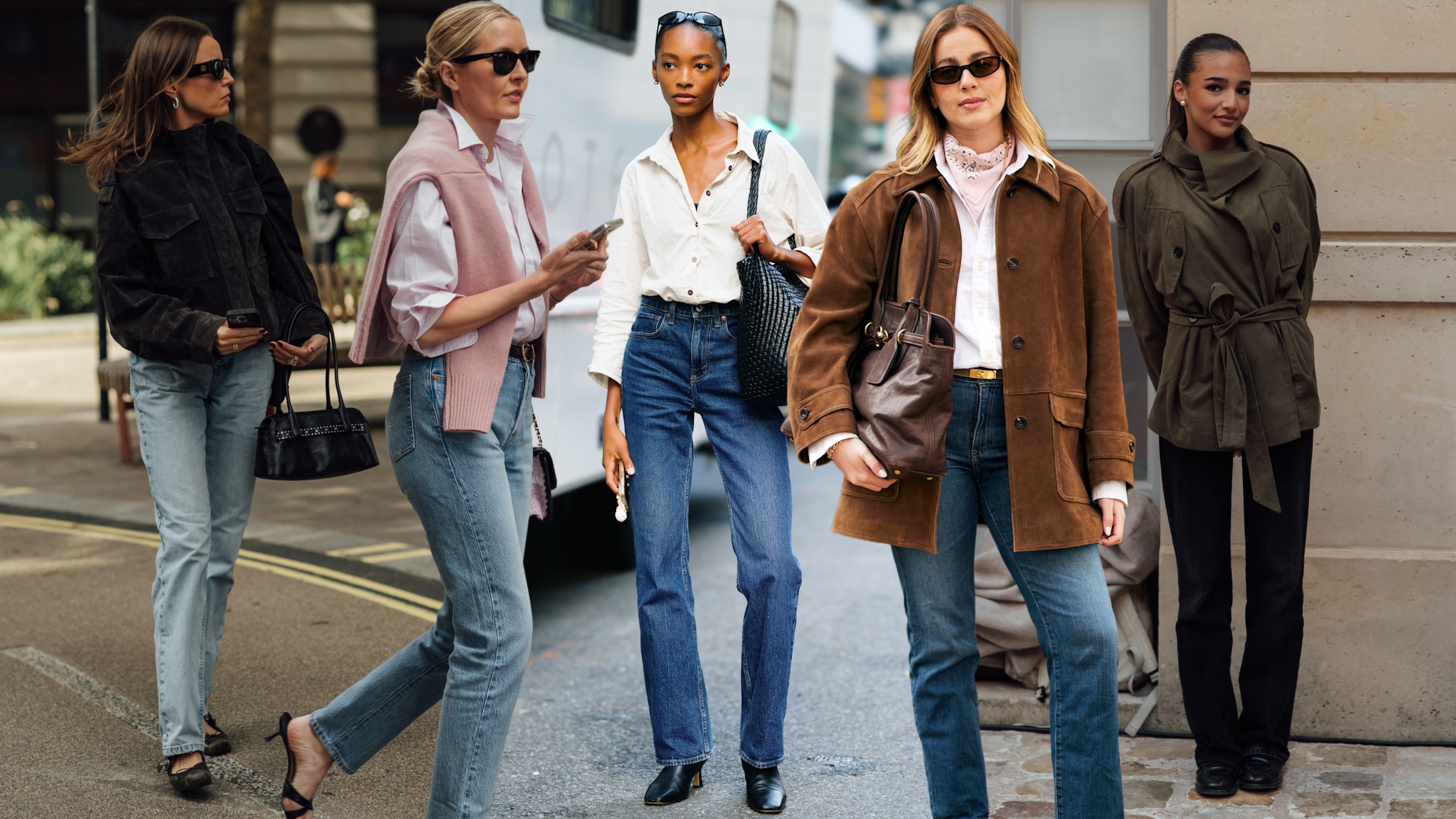 collage of women wearing stovepipe jeans 