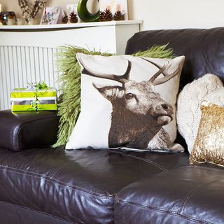 brown leather sofa with moose picture on cushion