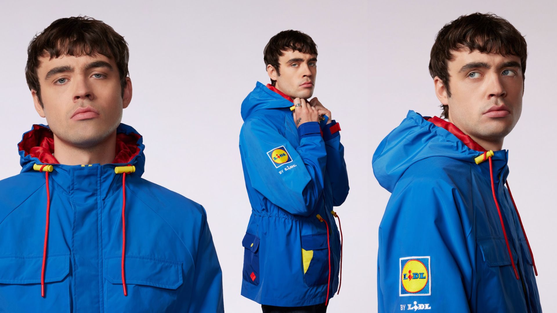 an image showing a male model wearing the Lidl coat from three different angles