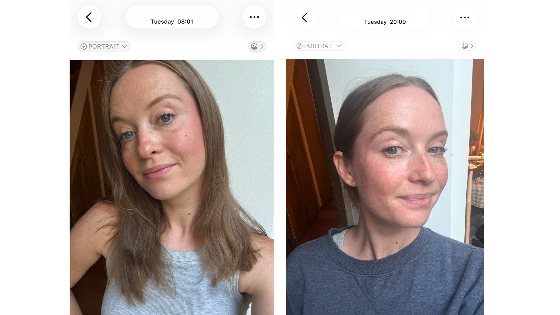 an image of our beauty writer after just applying Wonderskin Wonder Blading All Day Blush Stain and 12 hours later
