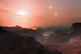 Gliese 667Cc artist's impression shows a barren landscape with a red hued sky with several bright stars in the sky.