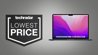 Apple MacBook Air M2 on grey background with lowest price text