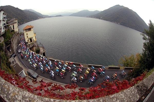 The Giro di Lombardia peloton rides along Lake Como.