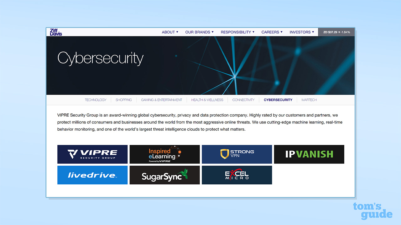 Screenshot of Ziff Davis&#039; cybersecurity brands, with IPVanish, StrongVPN, and VIPRE listed