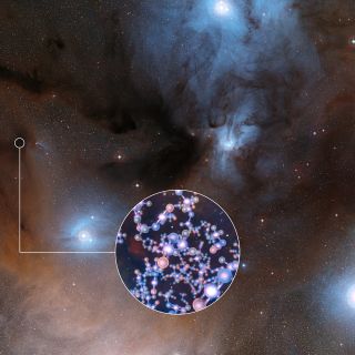 An artist's impression of the molecular structure of methyl isocyanate found in the vicinity of the infant stars of IRAS 16293-2422.