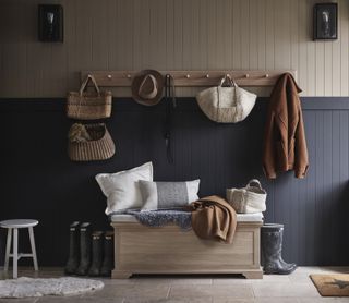 storage box and peg rail with tiled floor and panelled wall