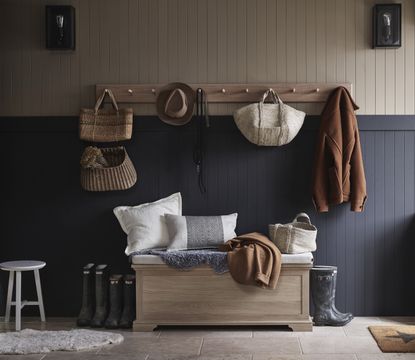 storage box and peg rail with tiled floor and panelled wall