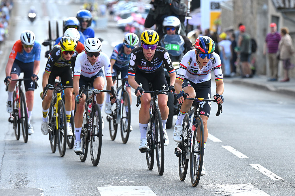 GUERET, FRANCE - JULY 30: (L-R) Demi Vollering of Netherlands and Team FDJ - SUEZ and Kimberley Le Court Pienaar of Mauritius and Team AG Insurance - Soudal compete during the 4th Tour de France Femmes 2025, Stage 5 a 165.8km stage from Chasseneuil-du-Poitou (Futuroscope) to Gueret / #UCIWWT / on July 30, 2025 in Gueret, France. (Photo by Tim de Waele/Getty Images)