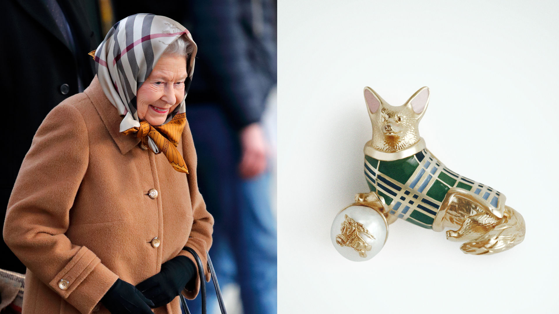 Queen Elizabeth wearing a Burberry head scarf; a Burberry corgi brooch