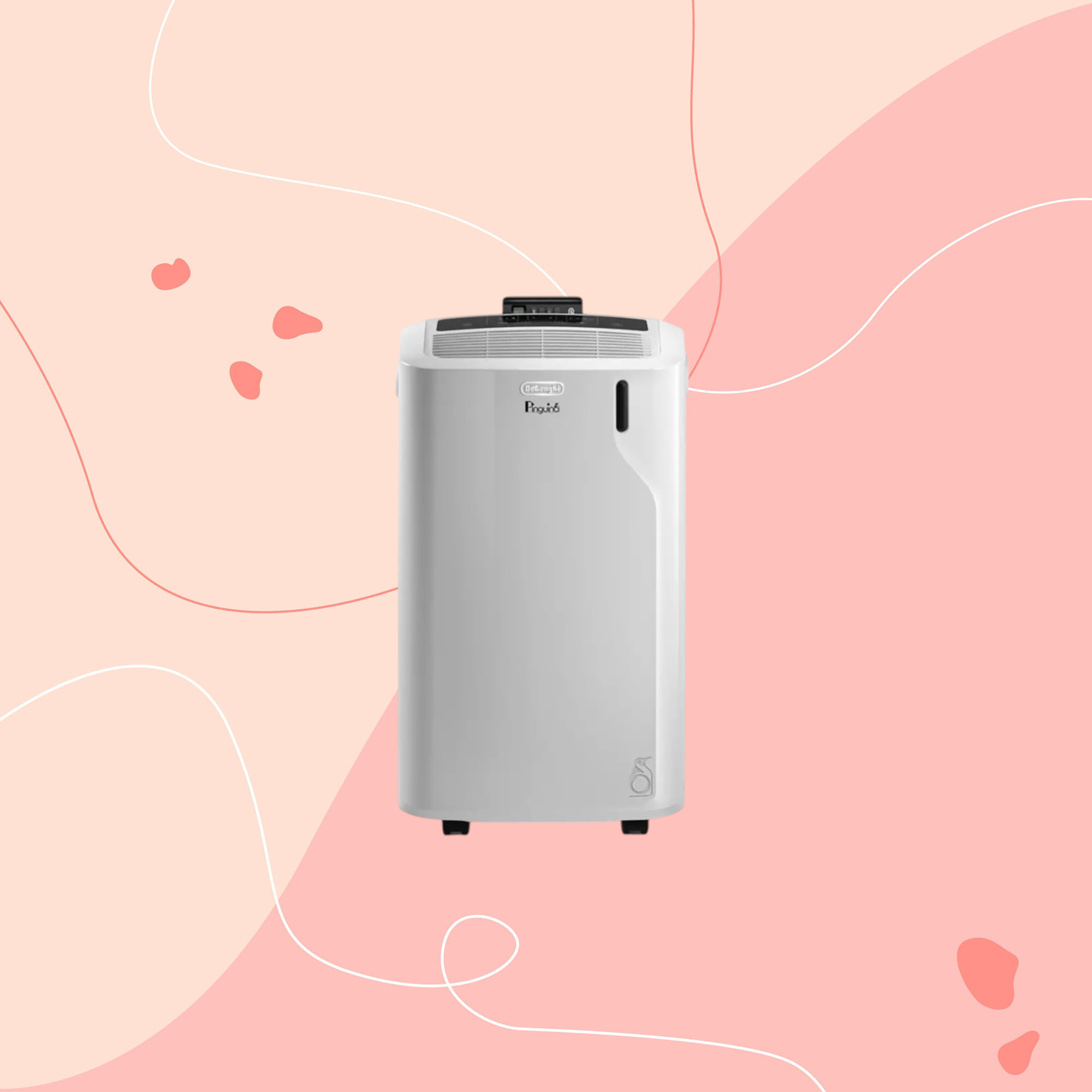 delonghi piguino care4me portable air conditioner on pink graphic background 2000x2000