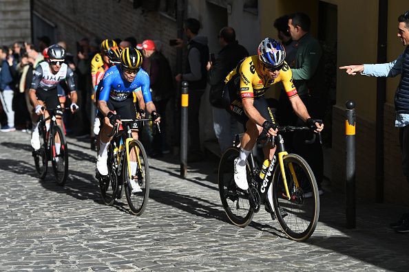 OSIMO ITALY MARCH 11 LR Primoz Roglic of Slovenia Blue Leader Jersey and Wout Van Aert of Belgium and Team Jumbo Visma compete during the 58th TirrenoAdriatico 2023 Stage 6 a 193km stage from Osimo Stazione to Osimo 252m UCIWT TirrenoAdriatico on March 11 2023 in Osimo Italy Photo by Tim de WaeleGetty Images