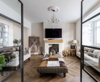 A contemporary living room entered through critall-style doors