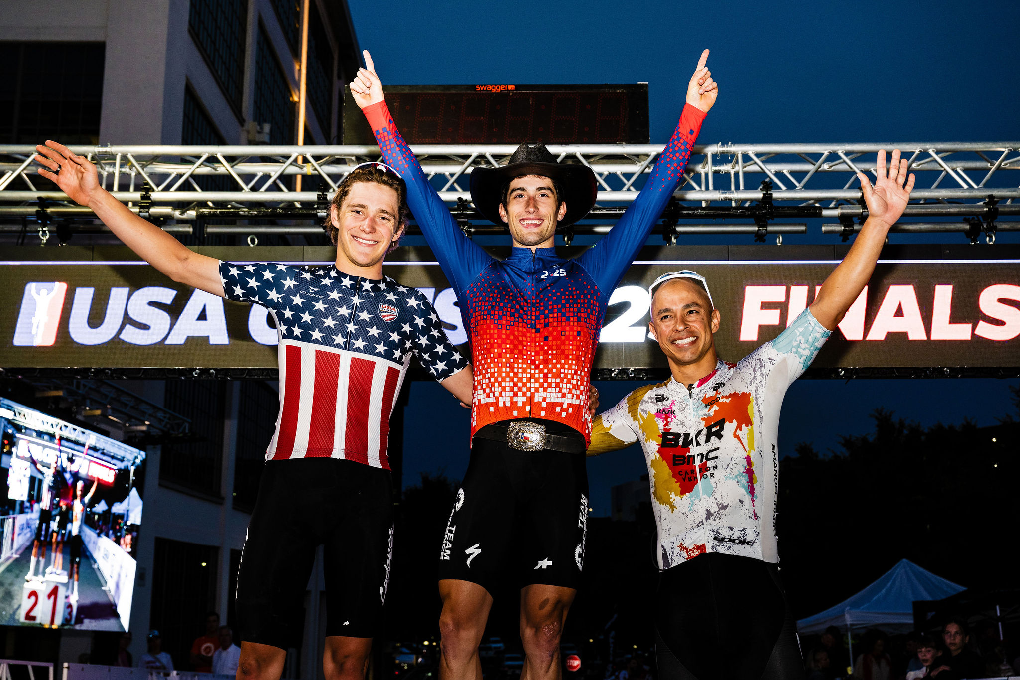 Overall men's podium for 2025 USA CRITS (L to R): Luke Fetzer second, Lucas Bourgoyne overall winner and Jamie Castaneda third