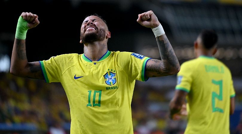 Neymar celebrates his first goal for Brazil against Bolivia in September 2023, which saw him overtake Pele to become the nation&#039;s all-time top scorer.