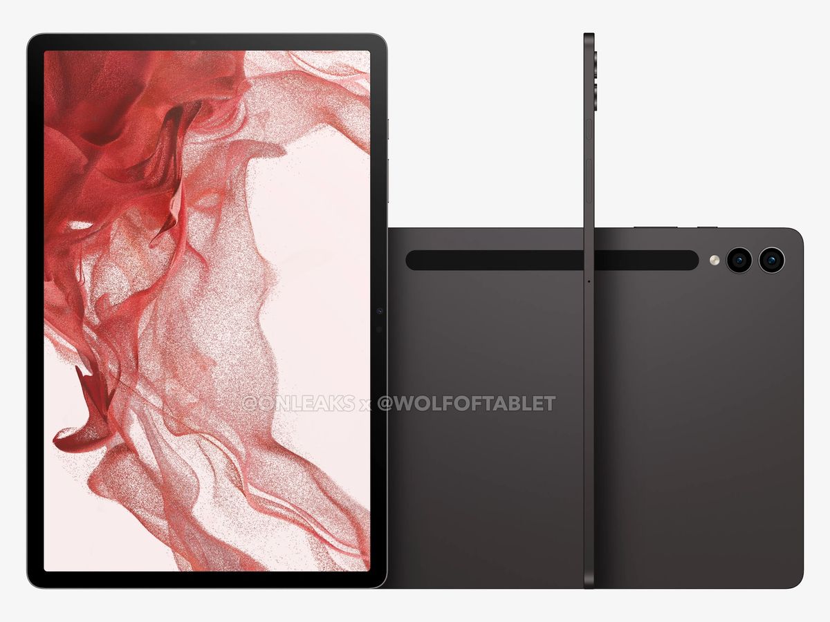 Render of the Samsung Galaxy Tab S9 Plus' front display and rear