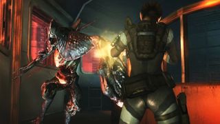 Jill fights off a Scarmiglione in Resident Evil Revelations