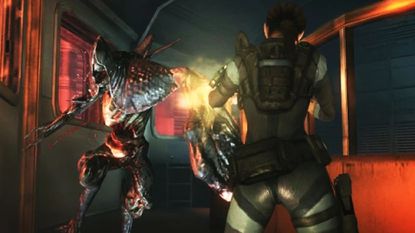 Jill fights off a Scarmiglione in Resident Evil Revelations