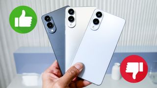 Three Galaxy S25 Edge models with a thumbs up and a thumbs down