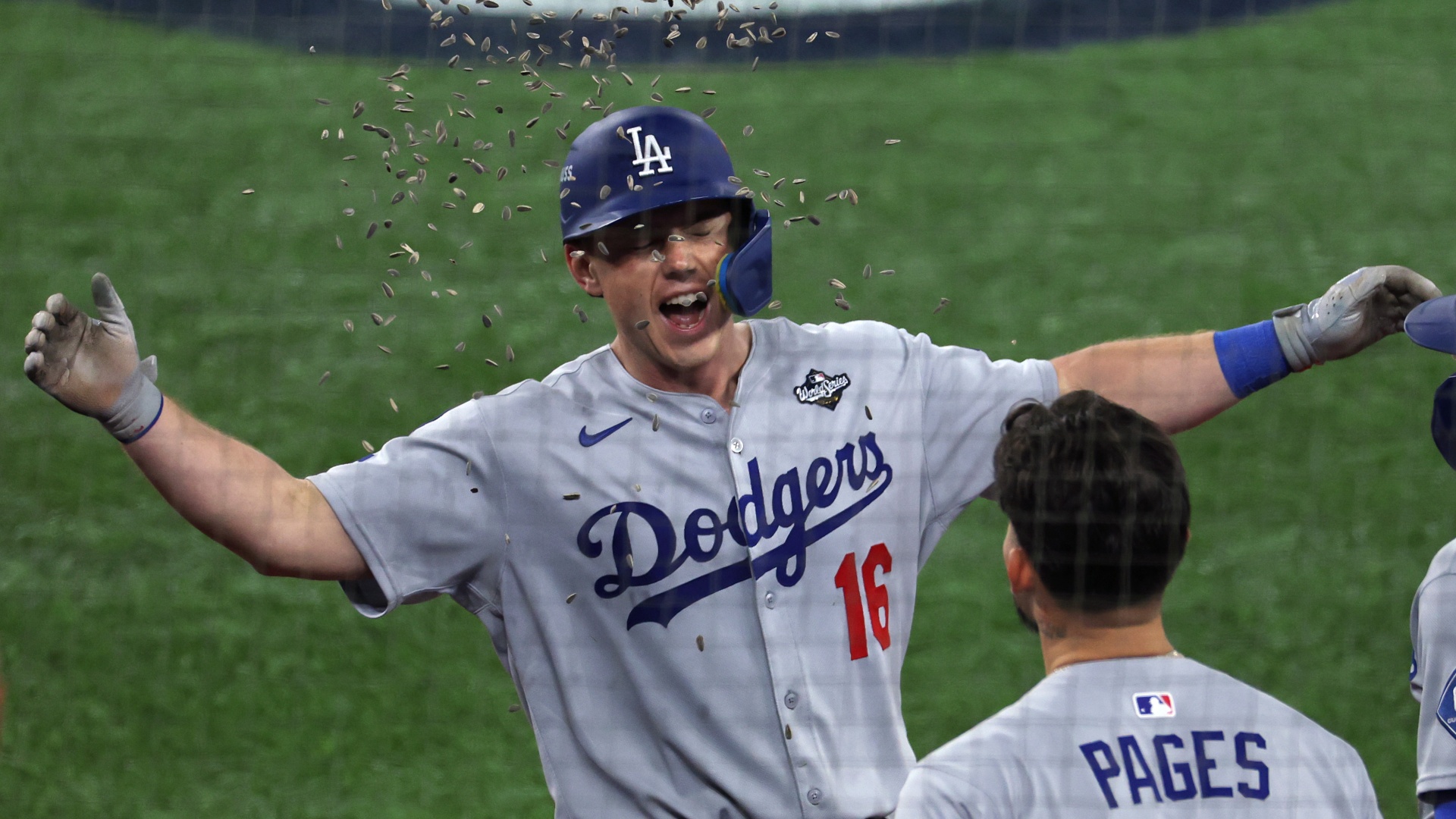 Will Smith of the Los Angeles Dodgers celebrates with Andy Pages after hitting a home run against the Toronto Blue Jays in Game 2 of the 2025 World Series