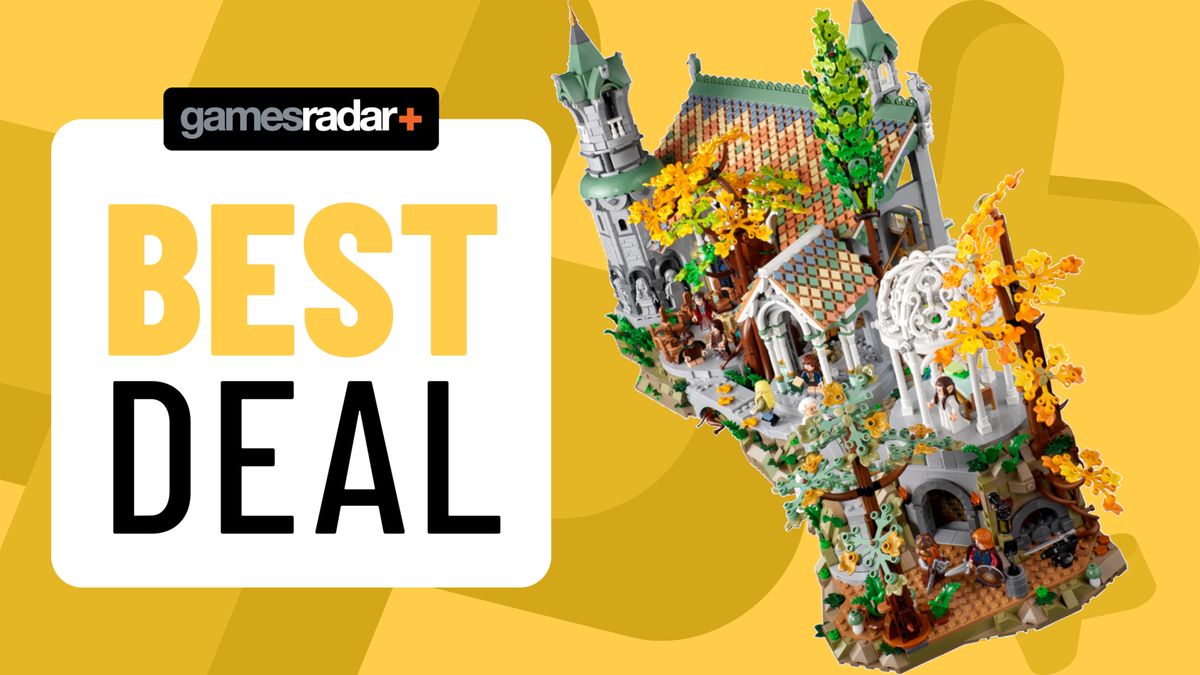 A constructed Lego Rivendell beside a &#039;best deal&#039; badge with the GamesRadar+ logo