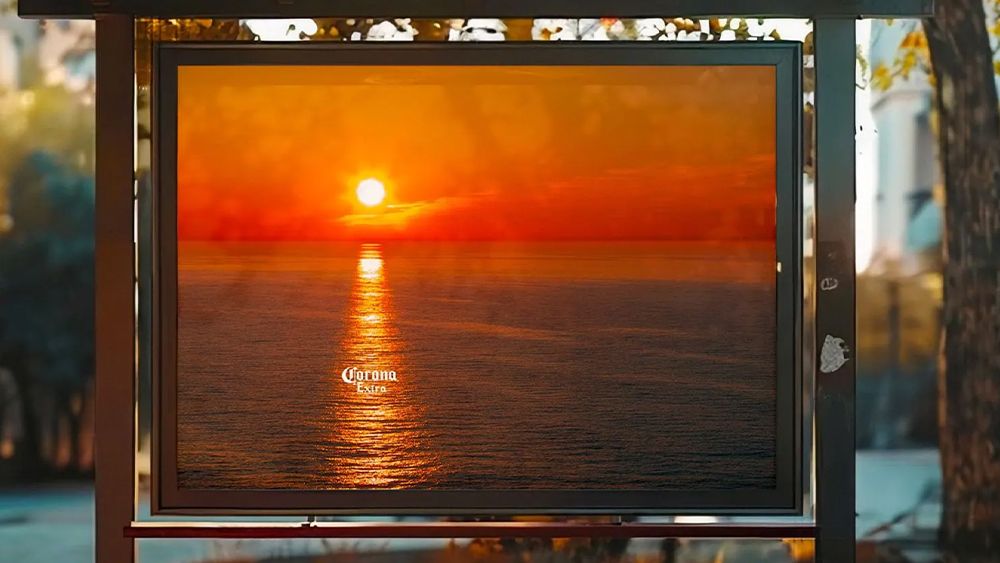 A Corona beer billboard advert showing an optical illusion in which the sunset looks like a beer bottle