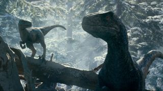 Beta and Blue stand by a tree in a snowy forest in Jurassic World Dominion.