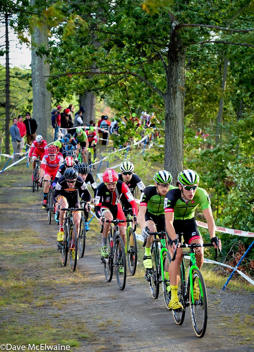 Curtis White (Cannondale) leading through the woods at the end of the starting loop