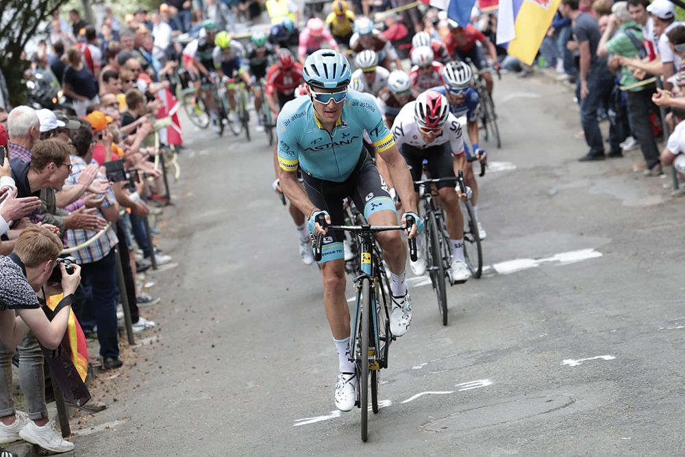 Jakob Fuglsang (Astana) attacks on the Mur de Huy