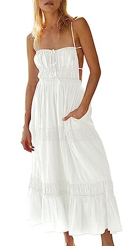 Wenrine Women's Maxi Dresses Long Spaghetti Straps Self Tie Flowy Backless Dresses With Pockets White