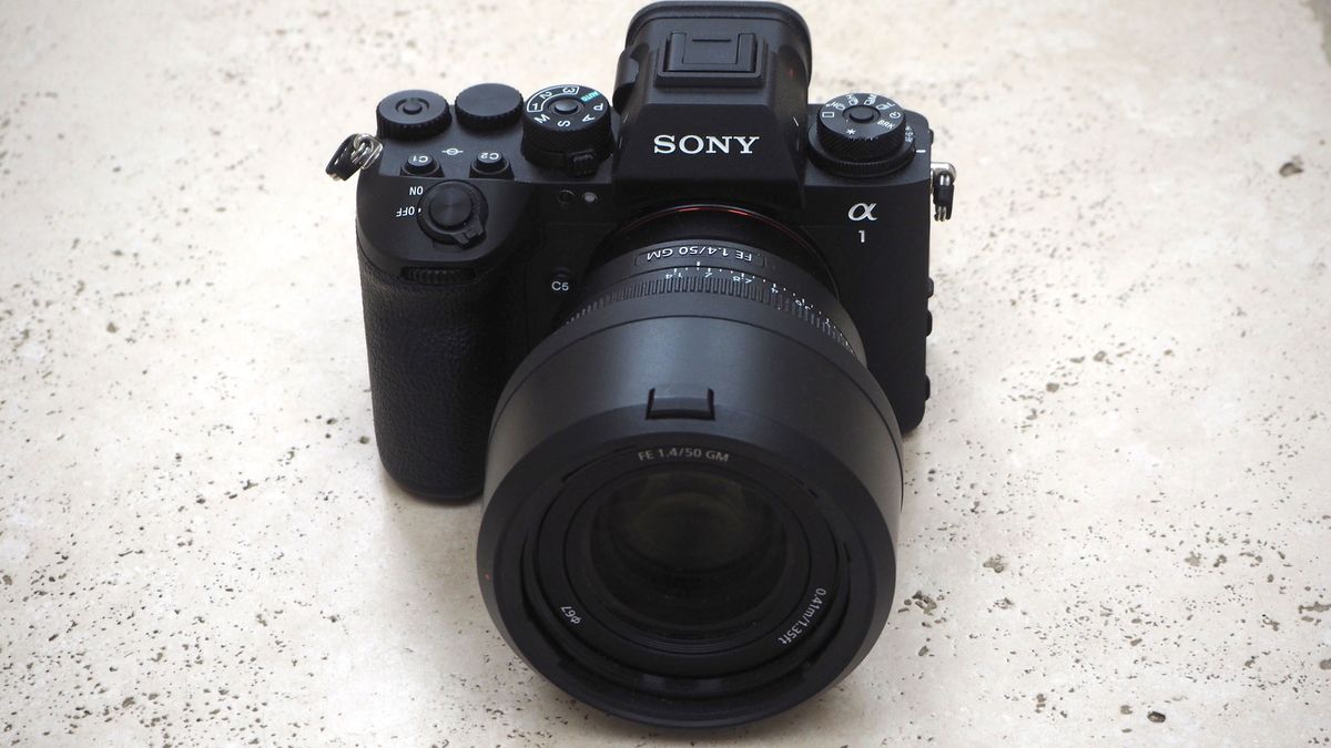 A front view of the Sony A1 II with the Sony 50mm f/1.4 GM lens attached.